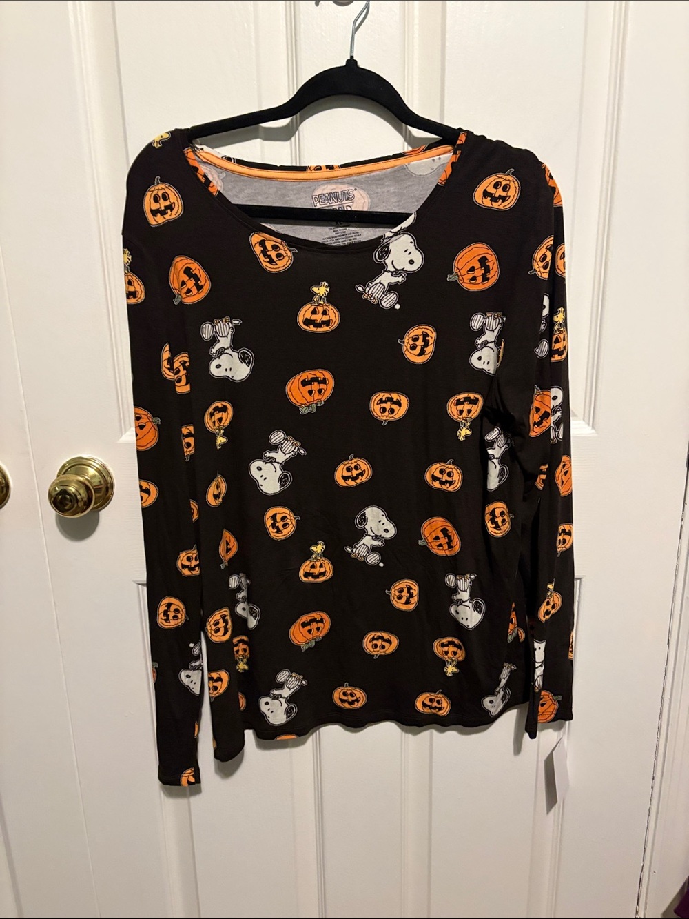 Hybrid Apparel Black Long Sleeve Tee with Orange Pumpkins and White Snoopy Print